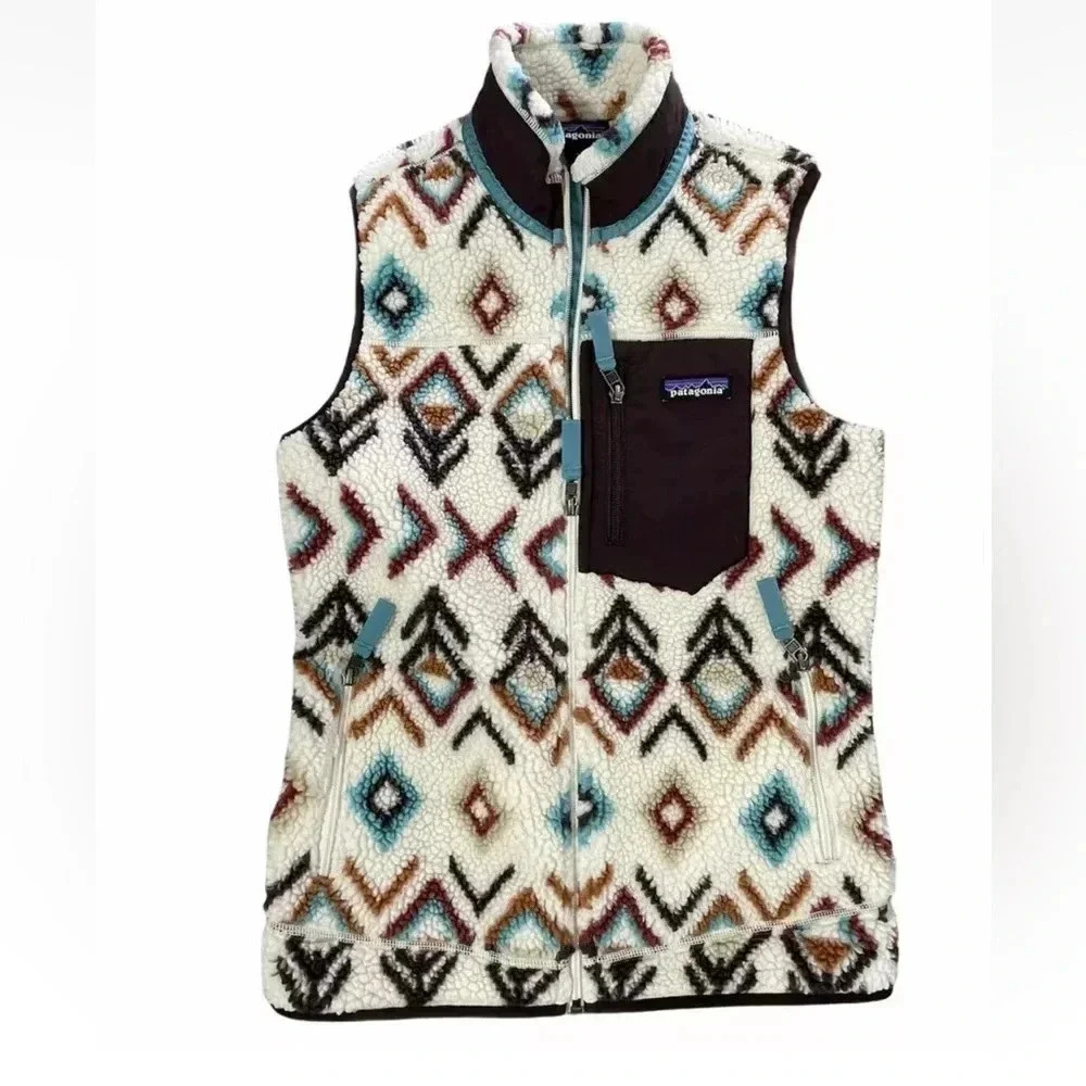 Patagonia Women’s Fleece Vest Cream Brown Diamond Southwest Print Size XS.